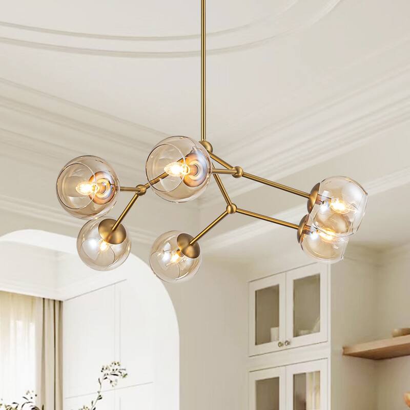 Mid-Century Amber Glass Globe Sputnik Chandelier Ambient Light