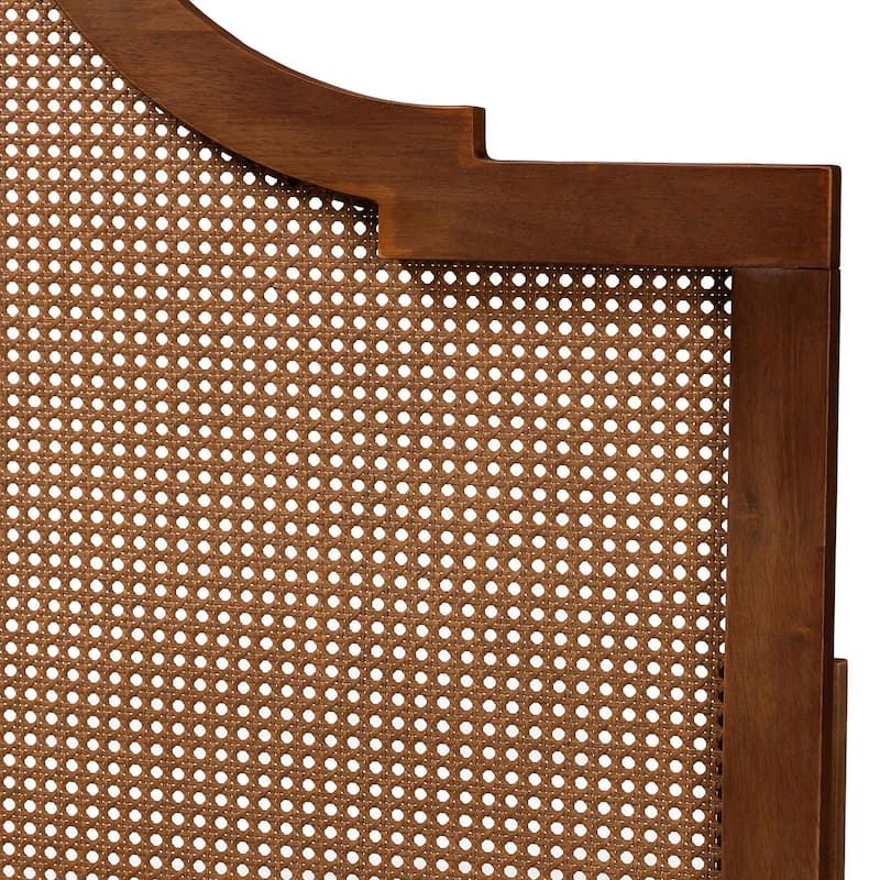 Risha Mid-Century Modern Ash Walnut Finished Wood and Rattan Headboard