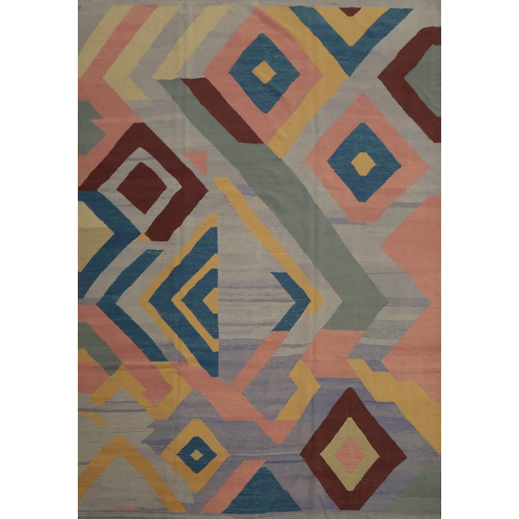 Hand Woven Oriental 100% Wool Carpet Southwestern Modern Multi-Colored Kilim Area Rug - 12' 9'' X 9' 8''