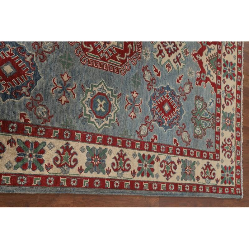Blue Geometric Kazak Area Rug Hand-Knotted Wool Carpet - 4'11" x 6'4"