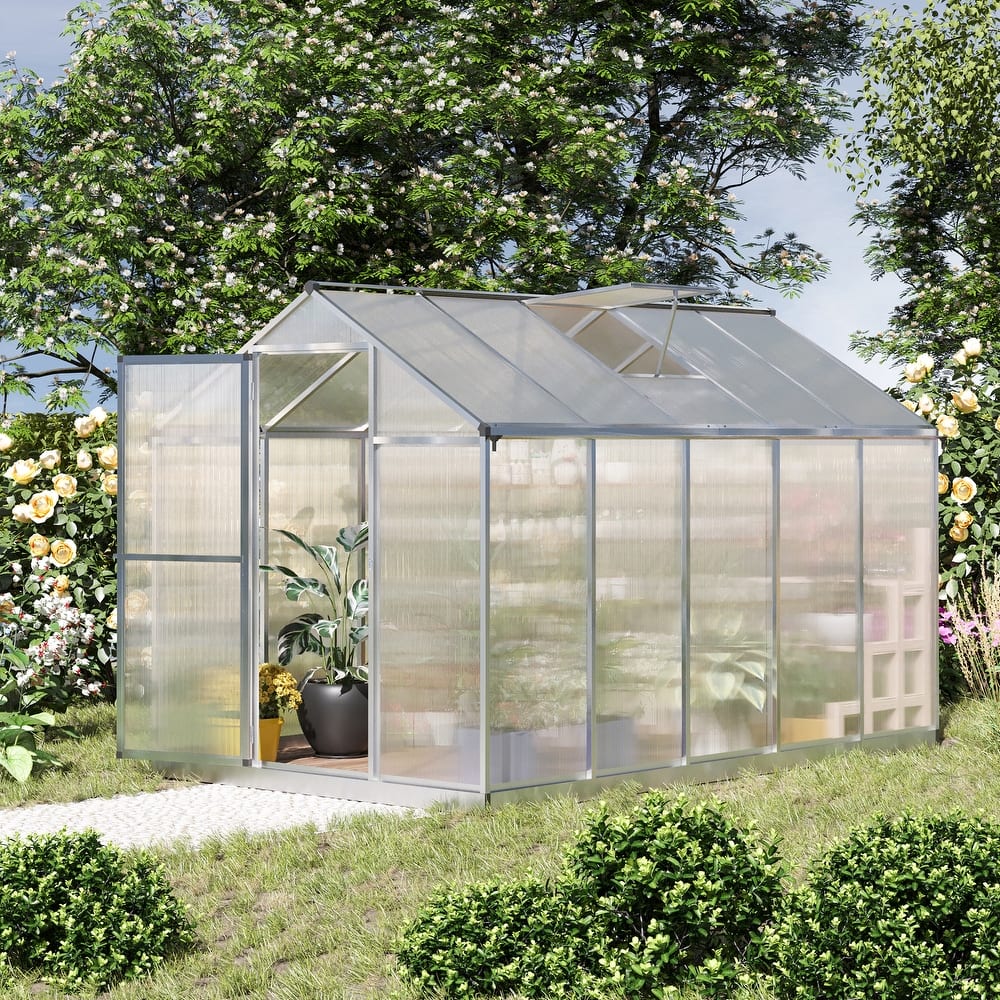 Outsunny 10' L x 6' W Polycarbonate Walk-In Greenhouse with Rooftop Vent & UV-Resistant Walls