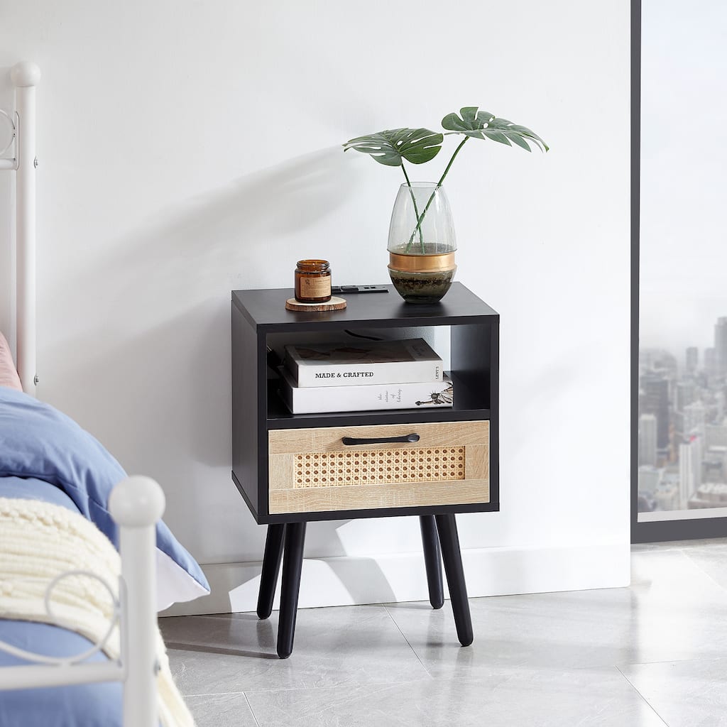 15.75" Rattan End table with Power Outlet & USB Ports , Modern nightstand with drawer and solid wood legs, side table
