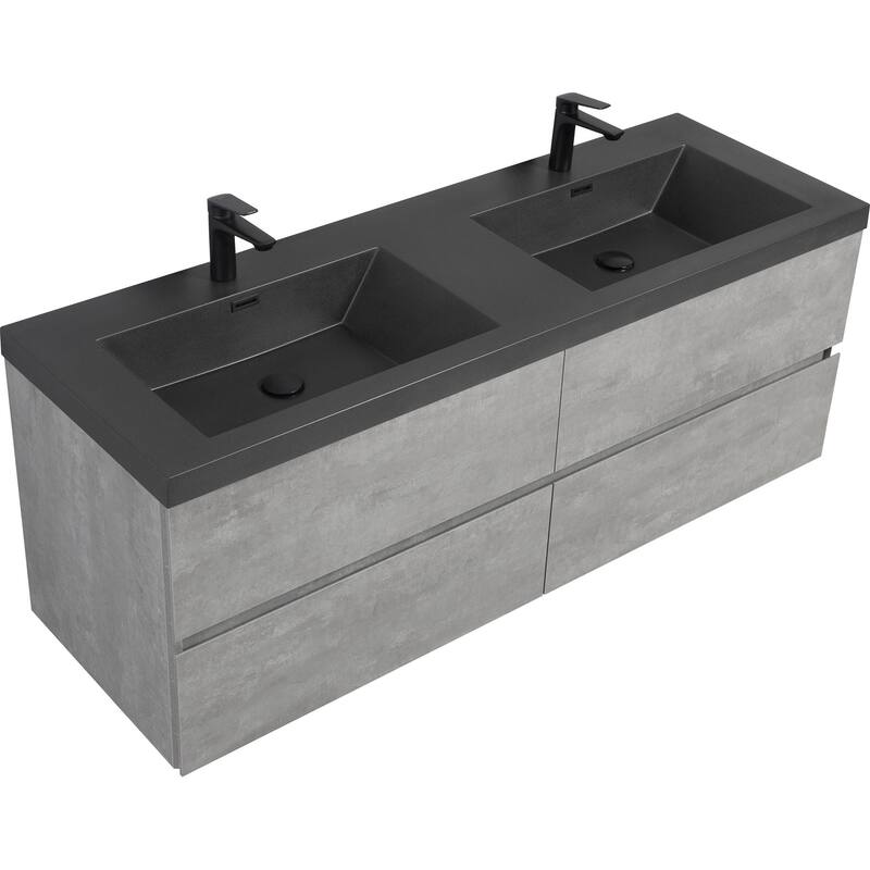 24/30/36/48/60 inch Melamine Floating Bathroom Vanity with Sink and Black Quartz Sand Top Basin and Soft Close Drawers