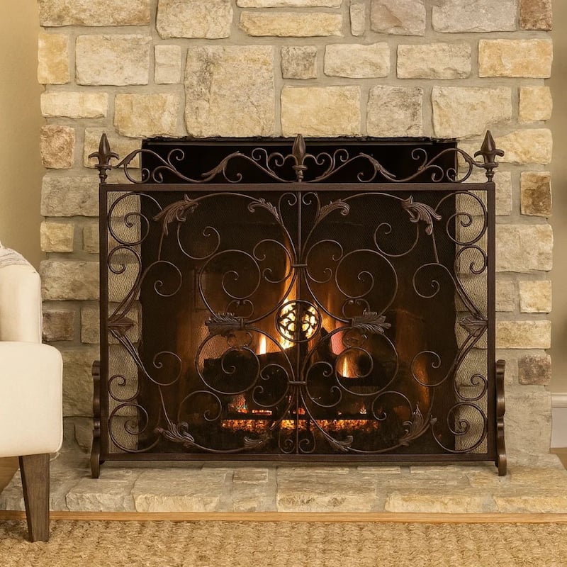 Fireplace Screen, Scrollwork Design, Iron, 45x35 Black, Gold Finish