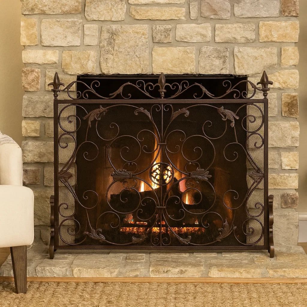 Fireplace Screen, Scrollwork Design, Iron, 45x35 Black, Gold Finish