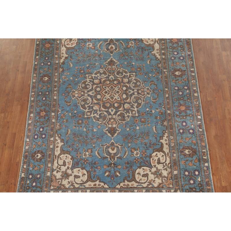 Over-Dyed Blue Tabriz Persian Vintage Rug Hand-Knotted Wool Carpet - 6'6"x 10'0"