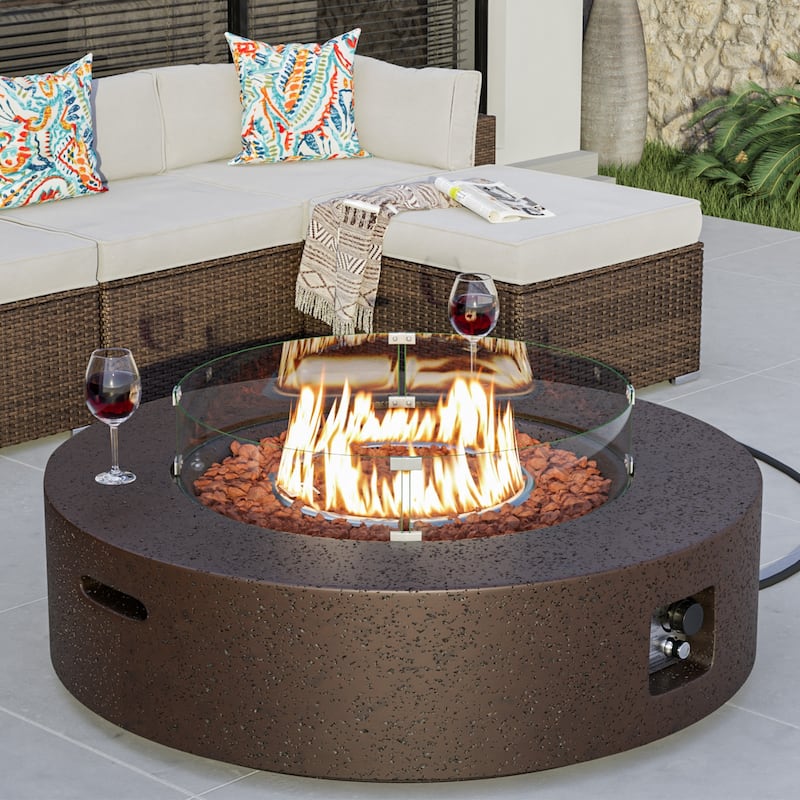 COSIEST Ecru Round Outdoor Propane Fire Pit with Wind Guard - Stone Brown