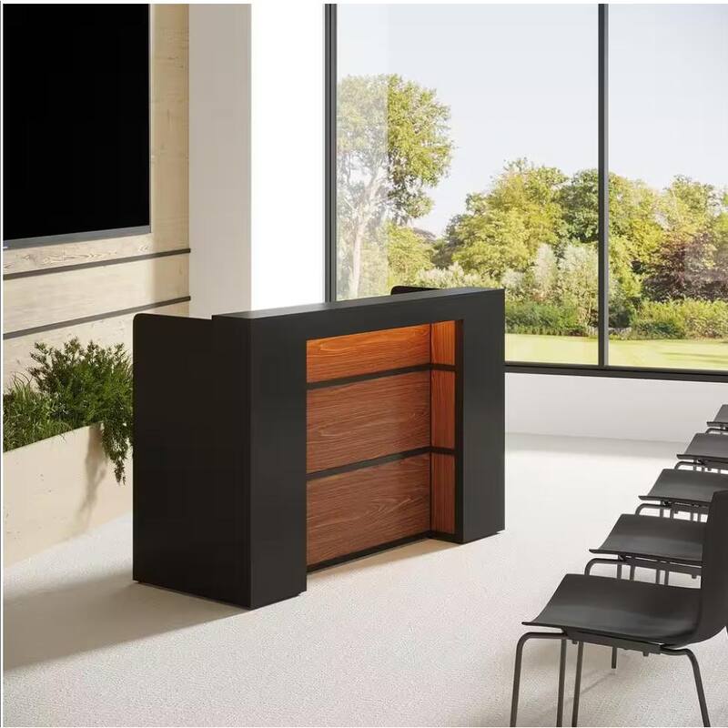 Modern 63" Reception Desk with LED Lights Black & Rustic Brown Finish