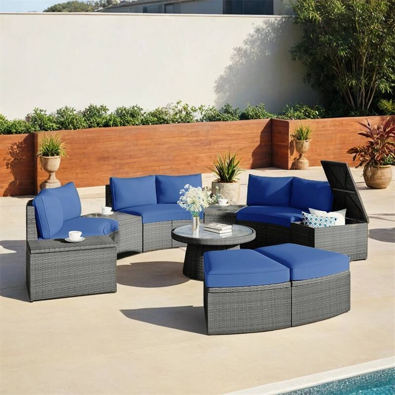 10-Piece Outdoor Sectional Half Round Patio Rattan Sofa Set,PE Wicker