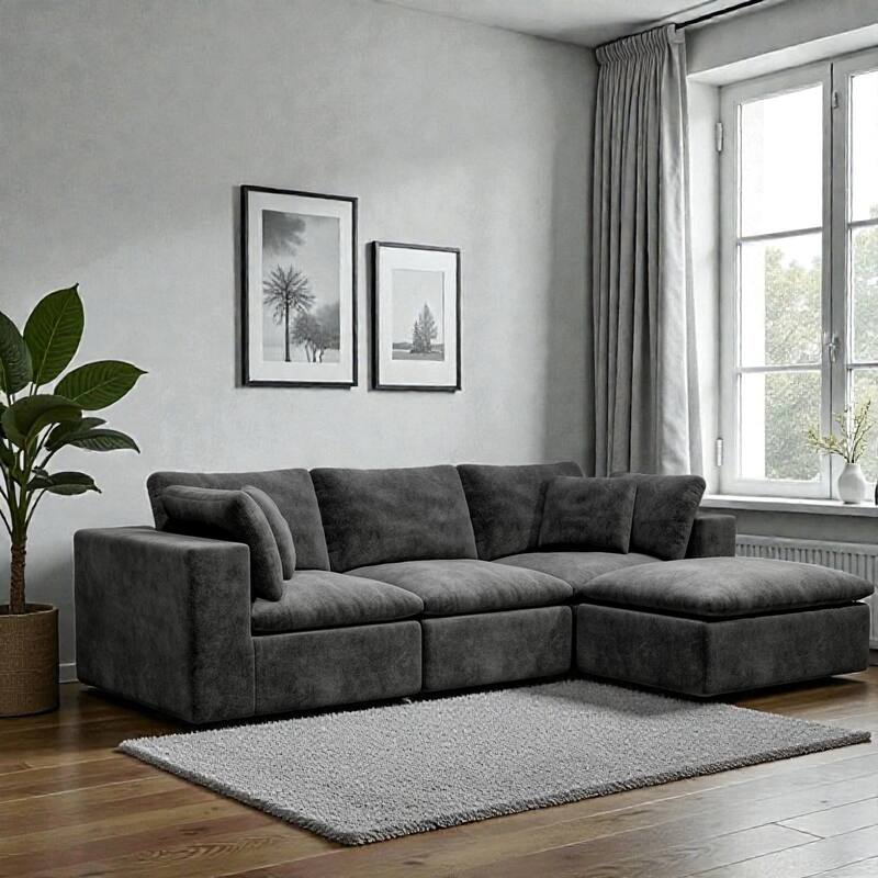 108.3" Modular Sectional Sofa with Chaise, Plush Corduroy Cloud Couch, No Assembly Required, 4-Seat - Grey