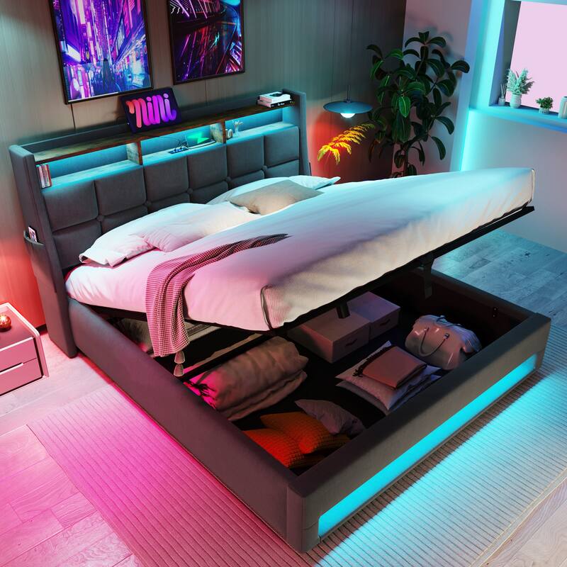 Grey Full Size Upholstered Platform Bed with Hydraulic Storage System, LED and USB Charging