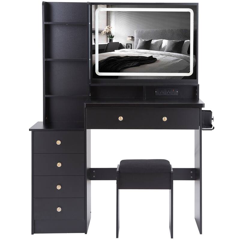 Vanity Desk with Touch Control LED Mirror, Makeup Table with Hair Dryer Stand, Vanity Table Set with Cushioned Stool
