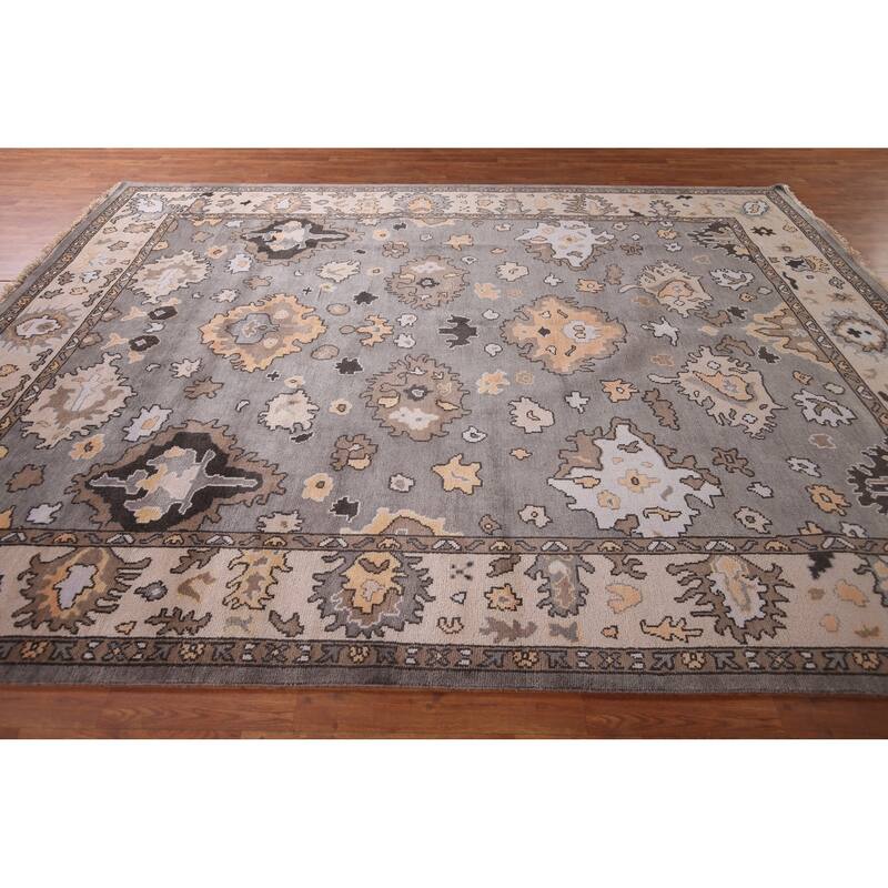 Gray Oushak Oriental Area Rug Handmade Floral Wool Carpet - 9'0" x 11'8"