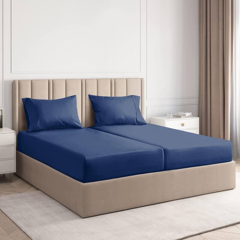 CGK Linens 4 Piece Solid Deep Pockets Microfiber, Easy-Fit Bed Sheet Set - Split King - Navy Blue