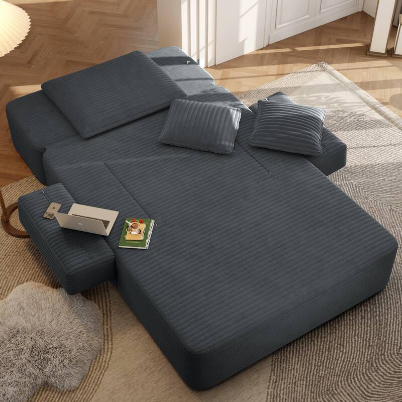 Luxurious Plush Corduroy Chaise Lounge Convertible Sofa Bed with Storage Pocket and Wide Armrests