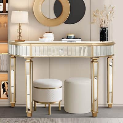 47" Half-Moon Mirrored Console Table with Fluted Glass and Storage Drawer for Stylish Entryway or Vanity