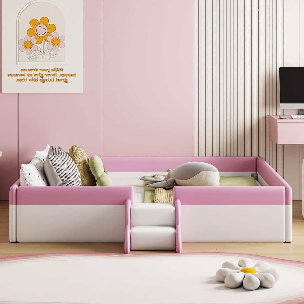 Kids Floor Bed with Fence, PU Upholstered Daybed Frame, Wood Slat Panel Bed w/ Small Stairs for Kids Girls Boys