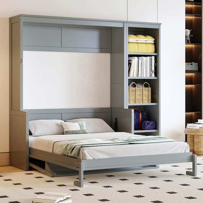 Queen/Full Size Wood Murphy Bed Foldable Wall Bed with Desk and Bookshelf