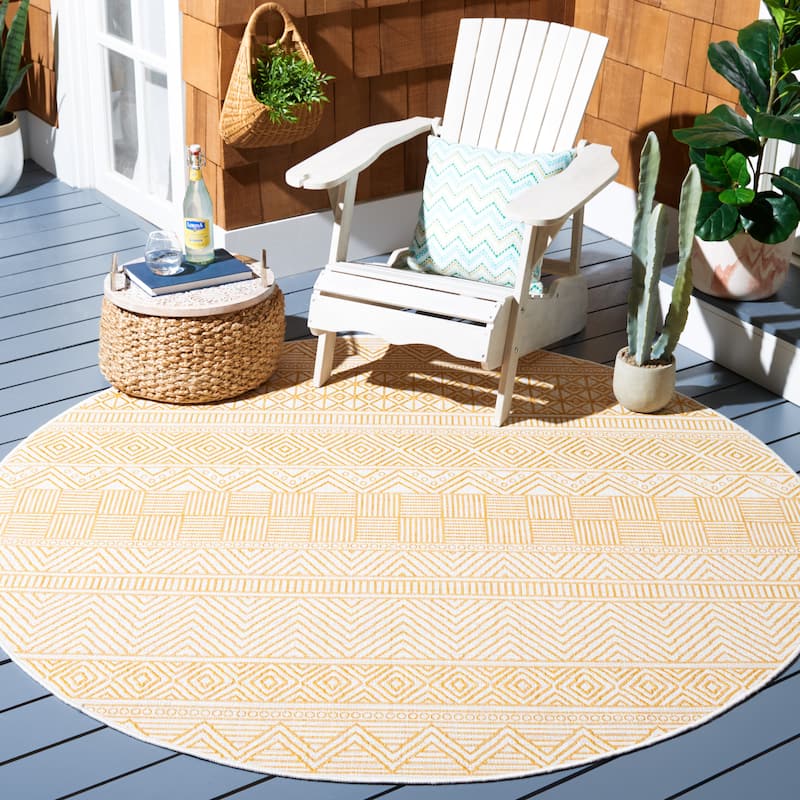 SAFAVIEH Courtyard Zorana Indoor/ Outdoor Waterproof Patio Backyard Rug - 6'7" x 6'7" Round - Beige/Gold