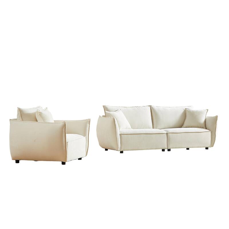 2-Pieces Linen Fabric 4-Seat Modular Sofa Set with 3+1 Seater Combo and Wooden Frame & 3 Pillows