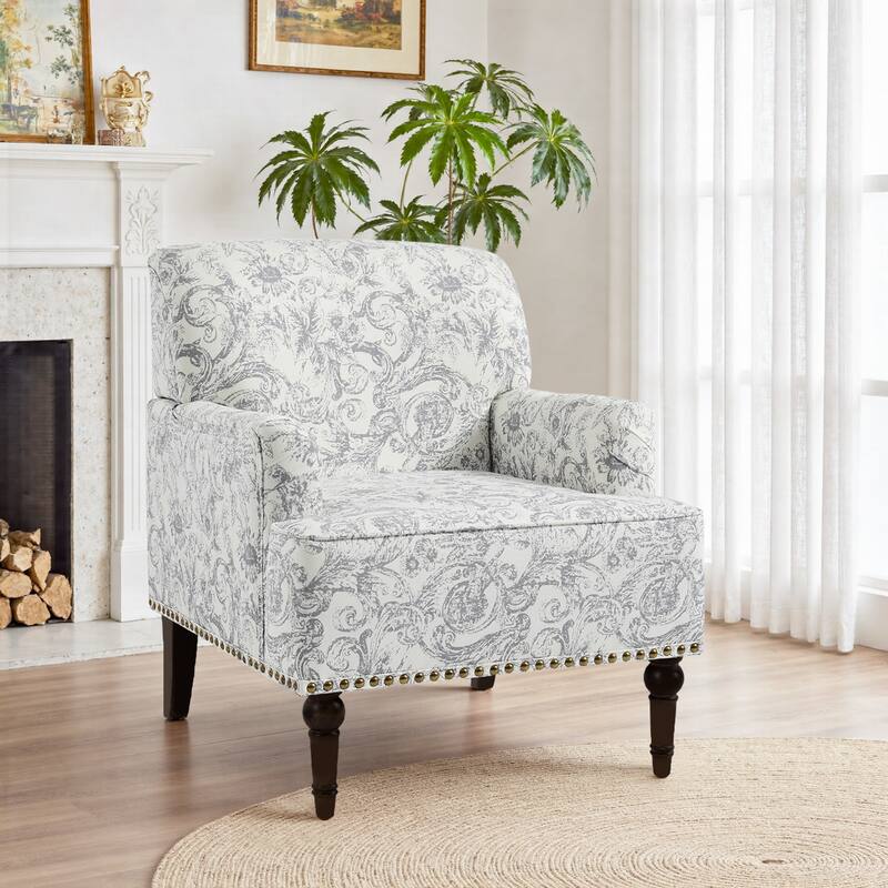 Striped Upholstered Linen Armchair with Brass Nailhead Trim