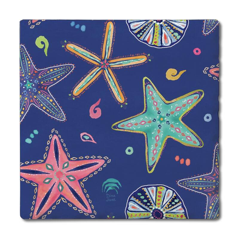 Starfish on Blue 4 Pack Absorbent Stone Coasters with Cork Backing 4" Square Made in The USA Absorbent Wipes Clean - Multi