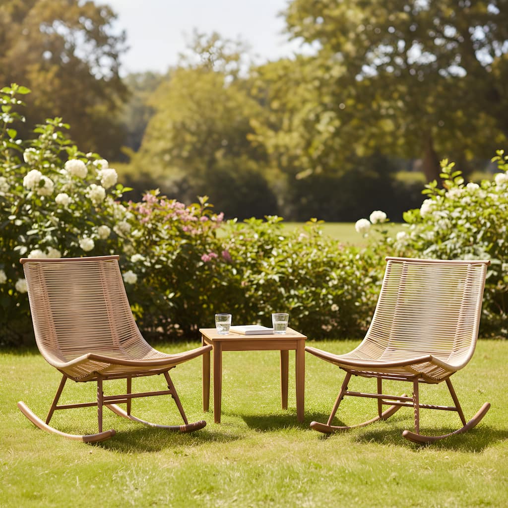 Christopher Knight Home - Set of 2 Outdoor Rocking Chair with PE Rattan and Solid Wood Side Table Set