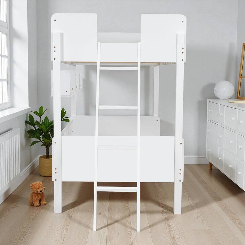 Twin over Twin Wooden Bunk Bed with 3 Storage Shelves, Reversible Ladder, Safety Guardrails and No Box Spring Needed