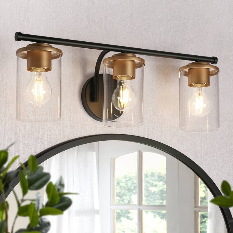 Modern Black Gold 3-Light Bathroom Vanity Lights Glass Metal Wall Sconces - W 21.6" x L 7.8" x H 6.7"