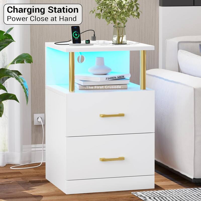 Nightstand with Open Storage 2 USB Ports Outlets 2 Drawers LED Light