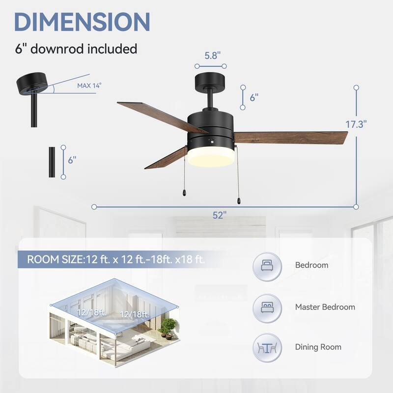 52" Traditonal Ceiling Fan with Light and Pull Chain (3 Reversible Blades)