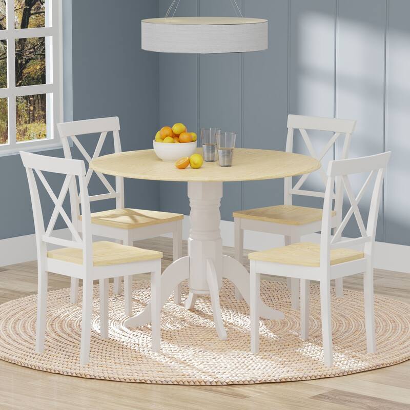 5-Piece Dining Set, 42" Round Drop-Leaf Table and X-Back Chairs - White/Natural Table + White/Natural Chairs