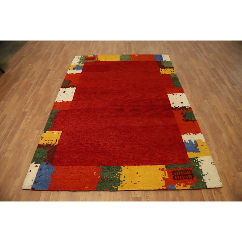 Hand Knotted Oriental 100% Wool Carpet Modern Bordered Oranges & Rust Gabbeh Area Rug - 7' 9'' X 5' 7''