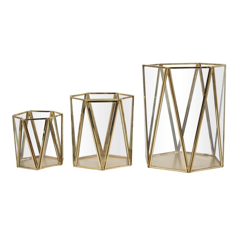 Metal Geometric Triangle Patterned Hexagon Indoor Outdoor Candle Lantern - Set of 3 Gold - CosmoLiving by Cosmopolitan