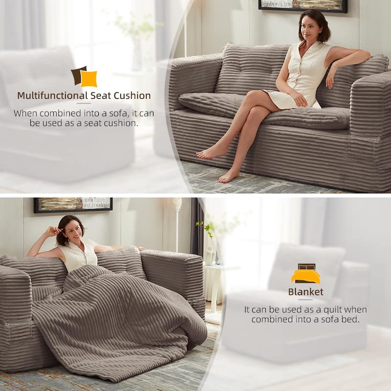 Sleeper Sofa with Chaise Lounge, Convertible Sectional Couch Bed, Corduroy 3-Seat Sofa, Folding Boneless Couch