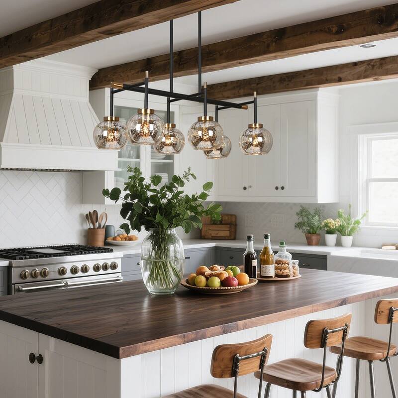 Modern Glam 3/6-Light Black Gold Linear Chandelier Kitchen Island Pendant Lights with Mercury Glass