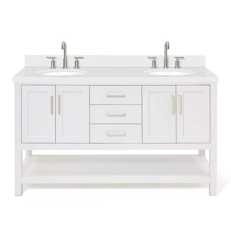 Ariel S061DWQOVO Magnolia 60" Free Standing Double Basin Vanity Set - White / Pure White Top - Painted