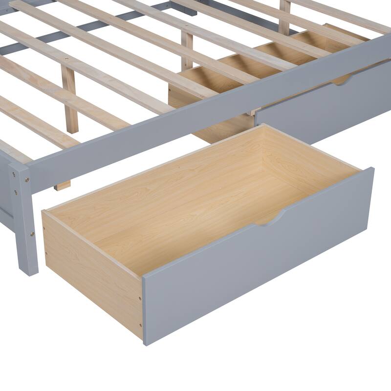 USB Ports on L-Shape Storage Headboard Bed Frame, Wooden DayBed Sofa Bed, Wooden Slat Platform Bed with 2 Drawers