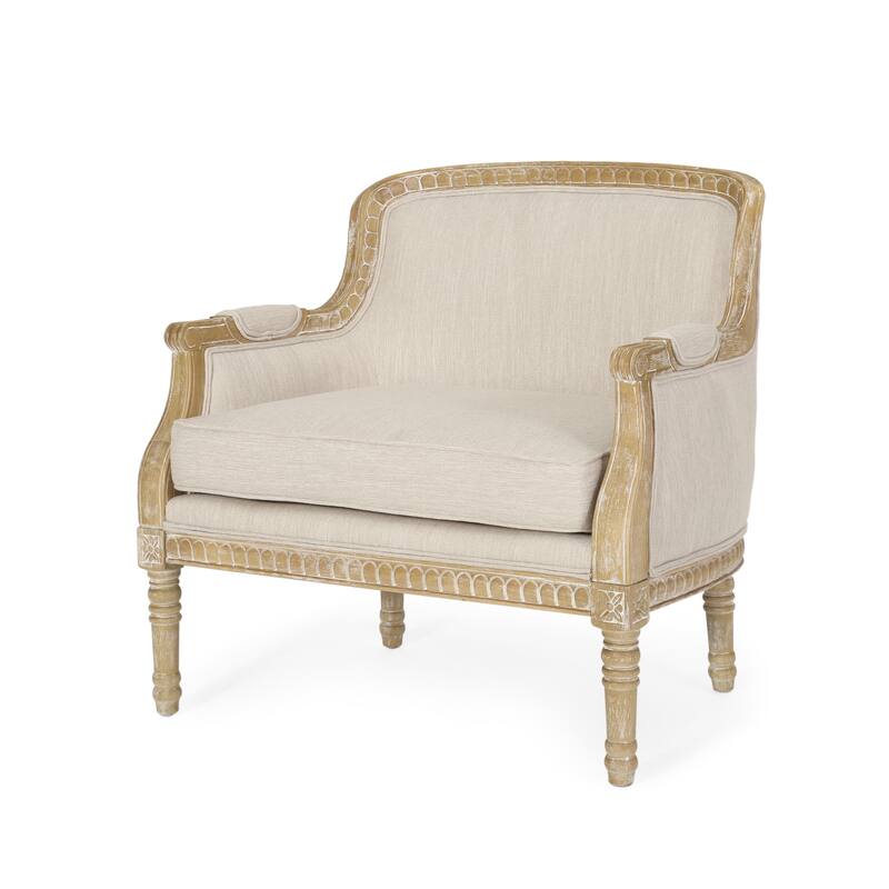 Roomfitters Upholstered Club Chair, Carved Wood Frame with Cushioned Seat, Classic Accent Armchair in Linen