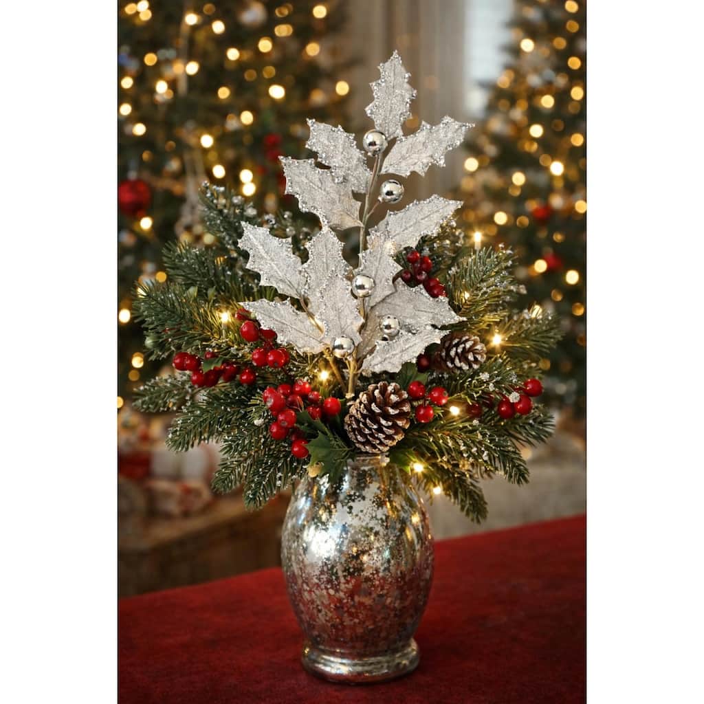 Sequined Holly Leaves with Ball Ornaments Artificial Christmas Spray - 26" - Silver