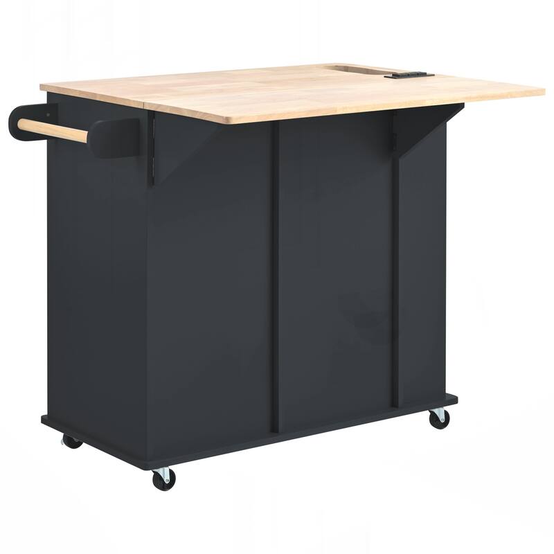 Kitchen Island with Power Outlet,Kitchen Storage Island with Drop Leaf and Rubber Wood,Open Storage and Wine Rack