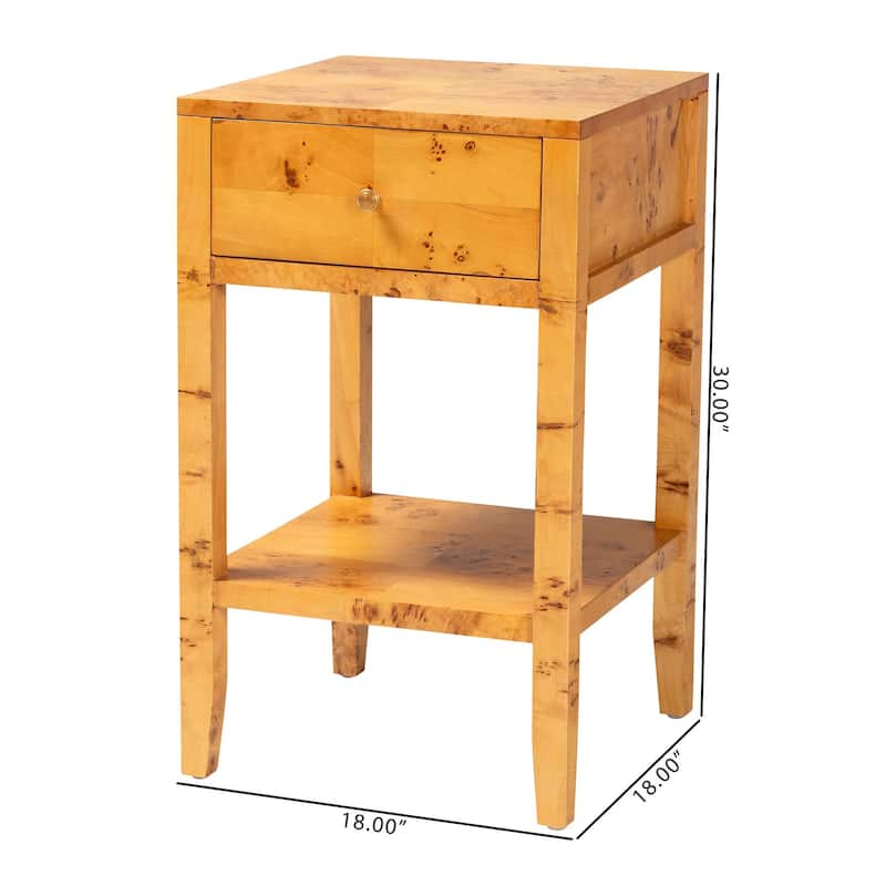 Ghina Modern and Contemporary Natural Light Mappa Real Burl Wood 1-Drawer Nightstand