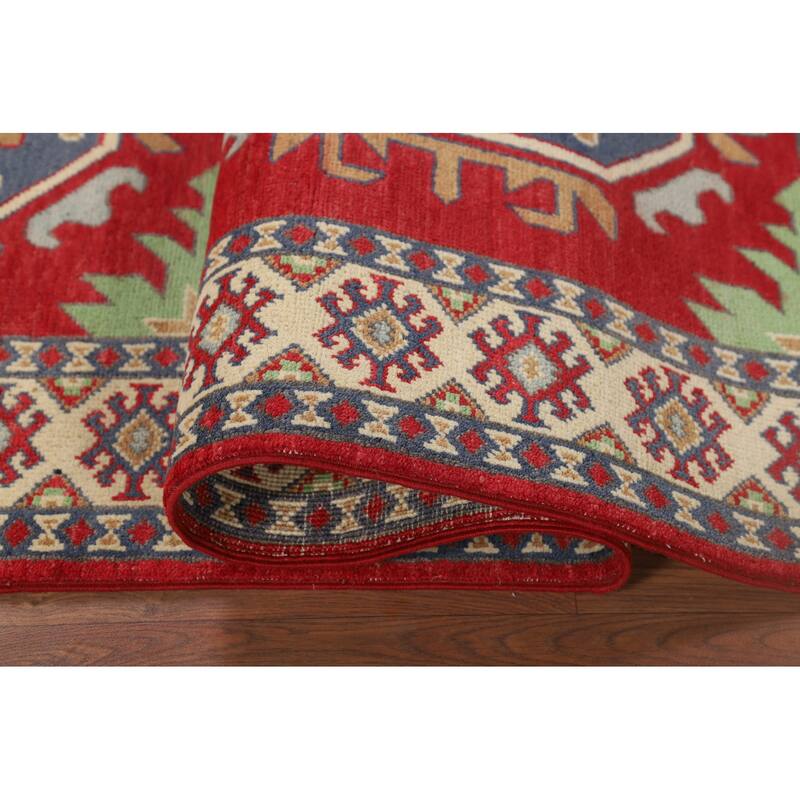 Geometric Red Kazak Oriental Runner Rug Hand-Knotted Wool Carpet - 3'4" x 6'7"