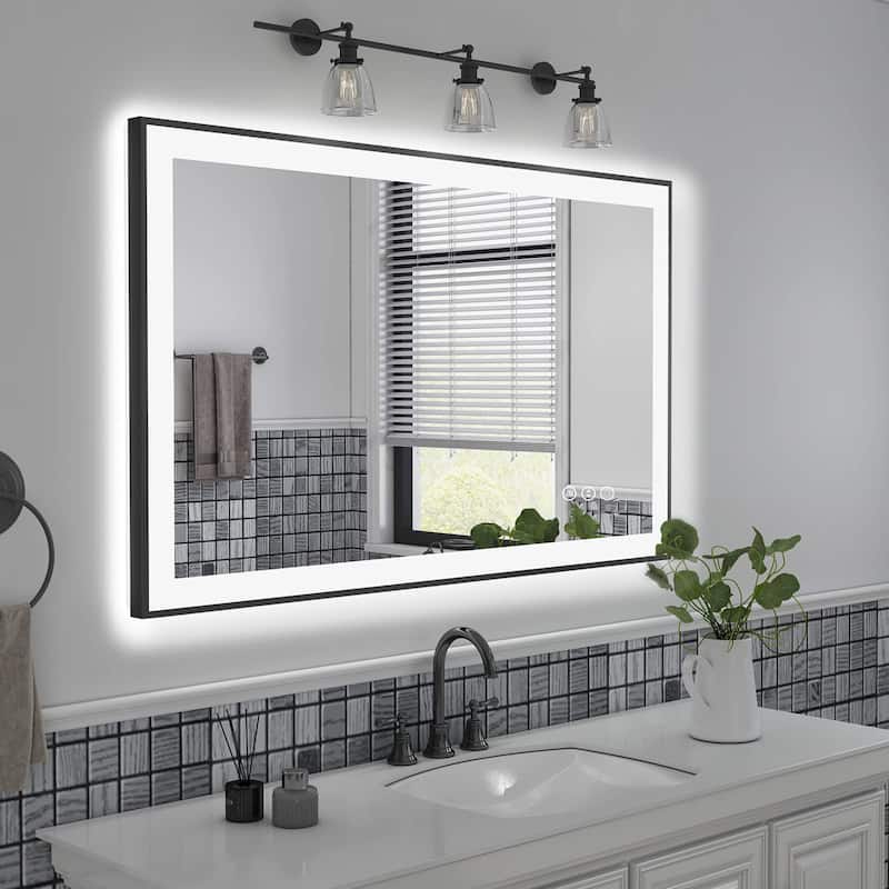 Full Size Back & Front LED Lighted Anti-Fog Tempered Glass Framed Wall Bathroom Vanity Mirror - 40" x 24"