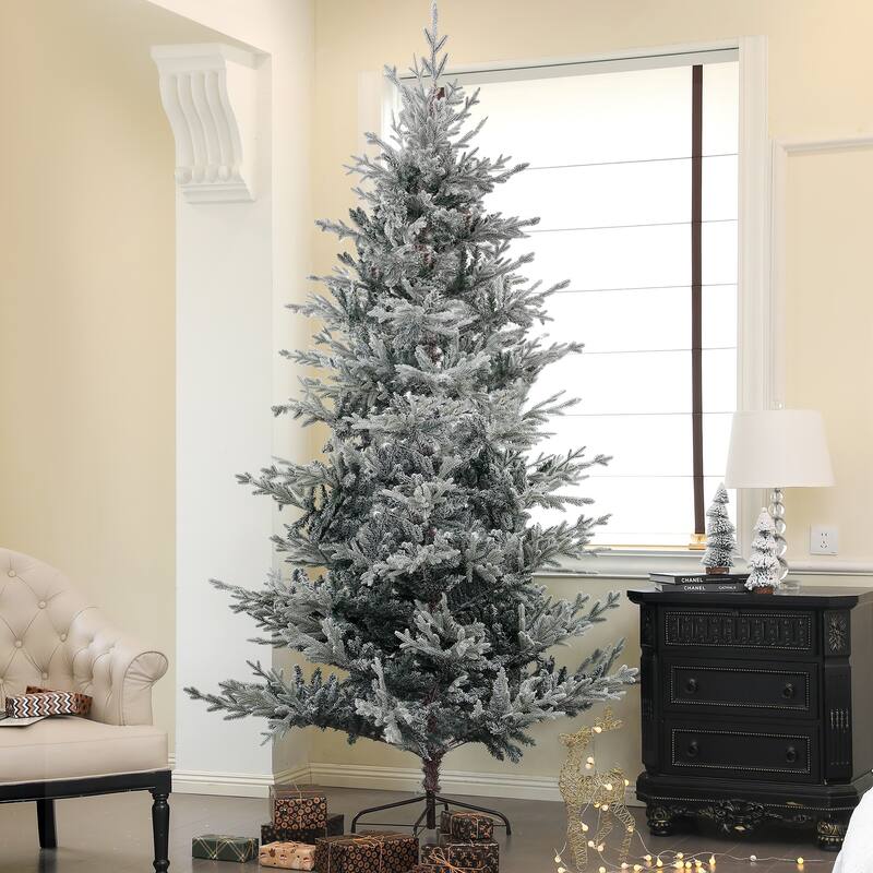 6/9FT Artificial Hinged Christmas Tree with Snow Flocked Tips & Foldable Metal Stand