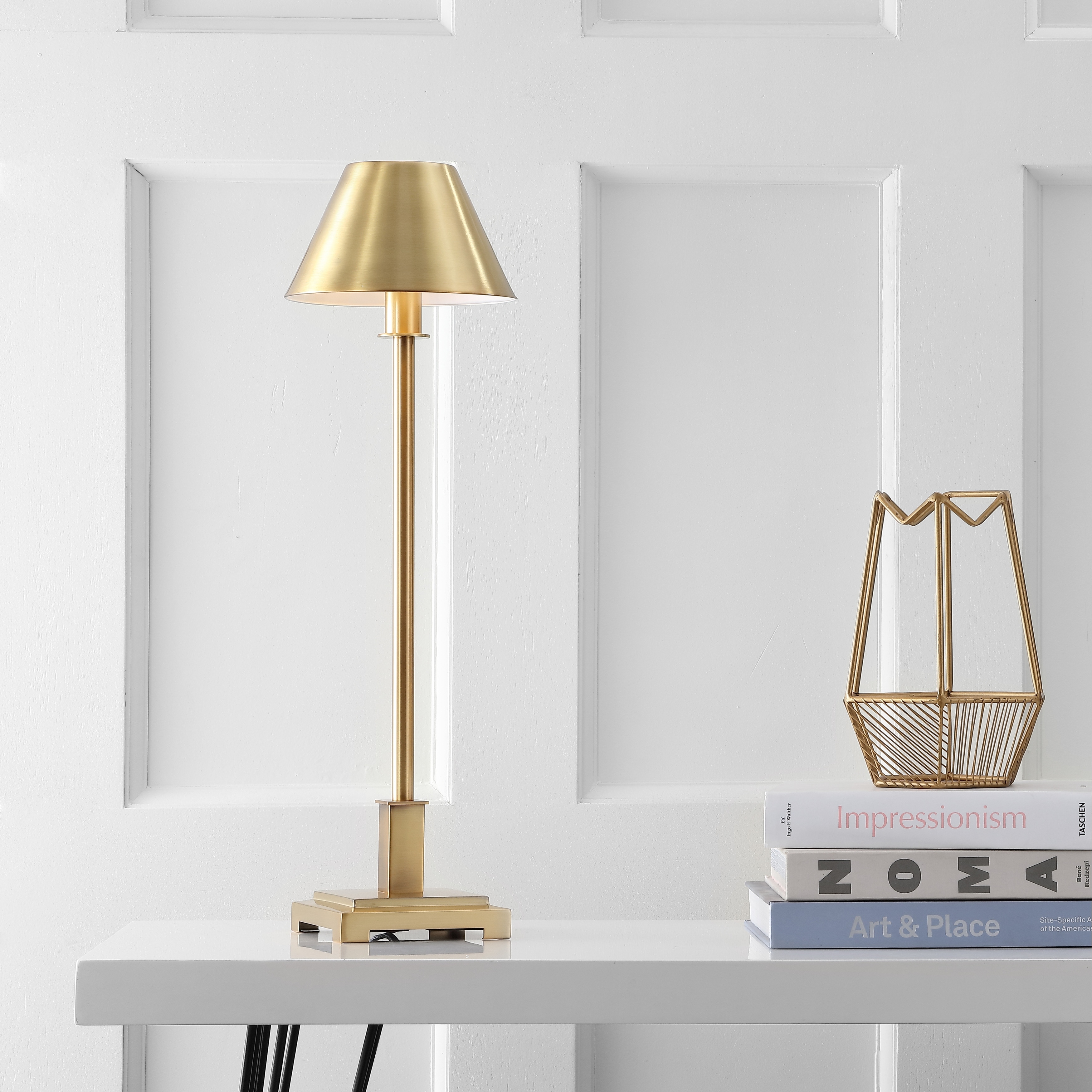 JONATHAN Y Lafayette 26" Metal Shade LED Table Lamp, Brushed Brass