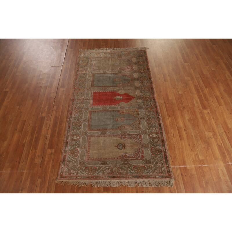 Hand Knotted Oriental Silk Carpet Transitional Geometric Multi-Colored Anatolian Area Rug - 7' 6'' X 4' 0''
