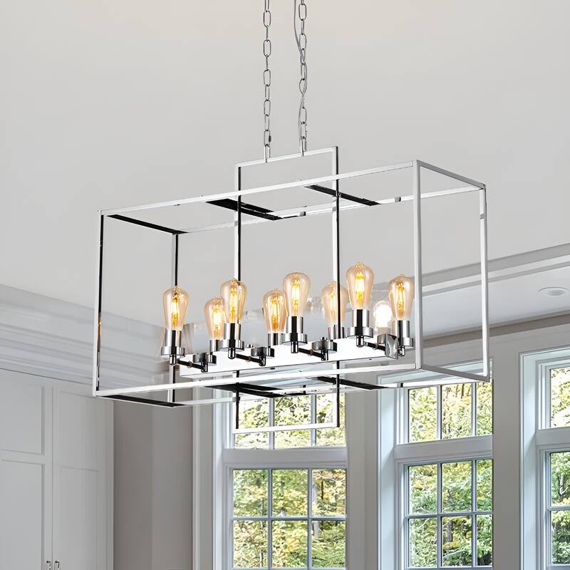 8 Light Cubic Cage Chrome Chandelier Rectangle for Kitchen Island Dining Room