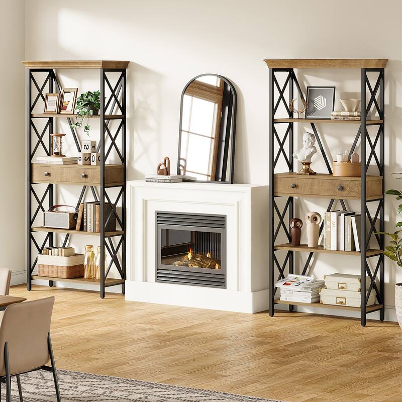 70.9" Wood Bookshelf with Drawers, Open Storage Shelf Bookcase, Living Room Office Bedroom Display Accent Shelf