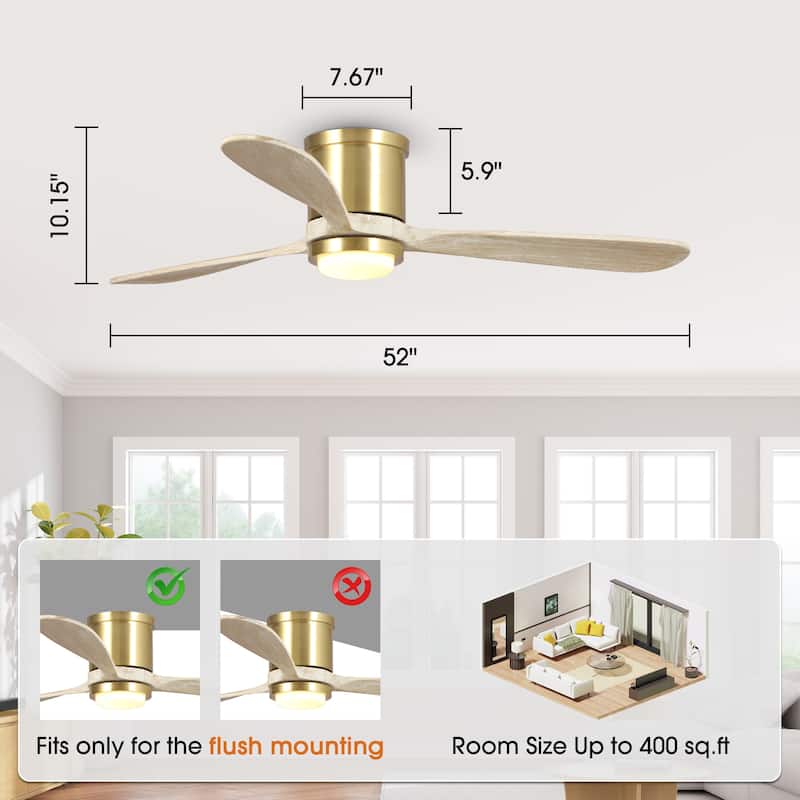 52" Wood 3-Blade Low Profile/ Flush Mount Ceiling Fan with Light and Remote
